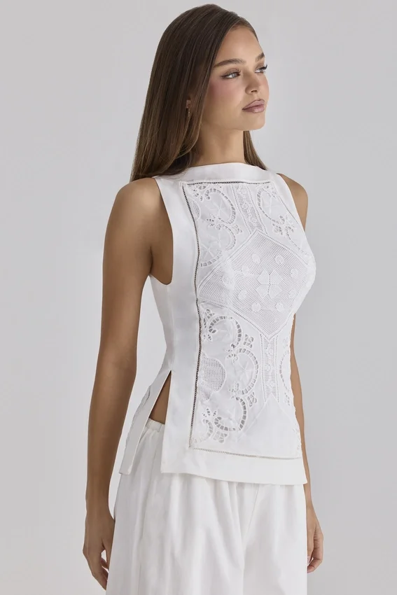 Valencia White Cotton Placement Lace Broderie Anglais Boat Neck Top Valencia White Cotton Placement Lace Broderie Anglais Boat Neck Top