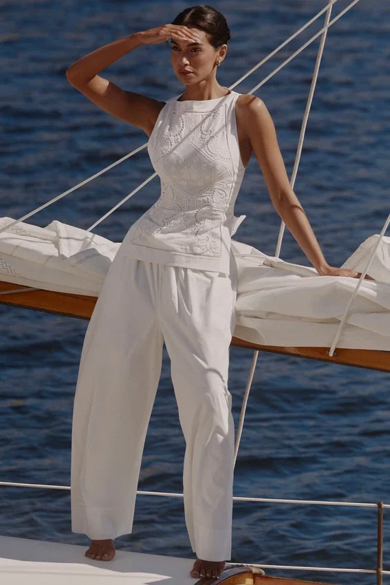 Valencia White Cotton Placement Lace Broderie Anglais Boat Neck Top Valencia White Cotton Placement Lace Broderie Anglais Boat Neck Top