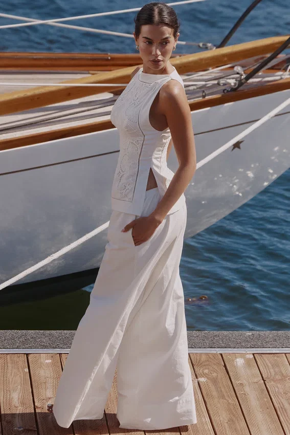 Valencia White Cotton Placement Lace Broderie Anglais Boat Neck Top Valencia White Cotton Placement Lace Broderie Anglais Boat Neck Top