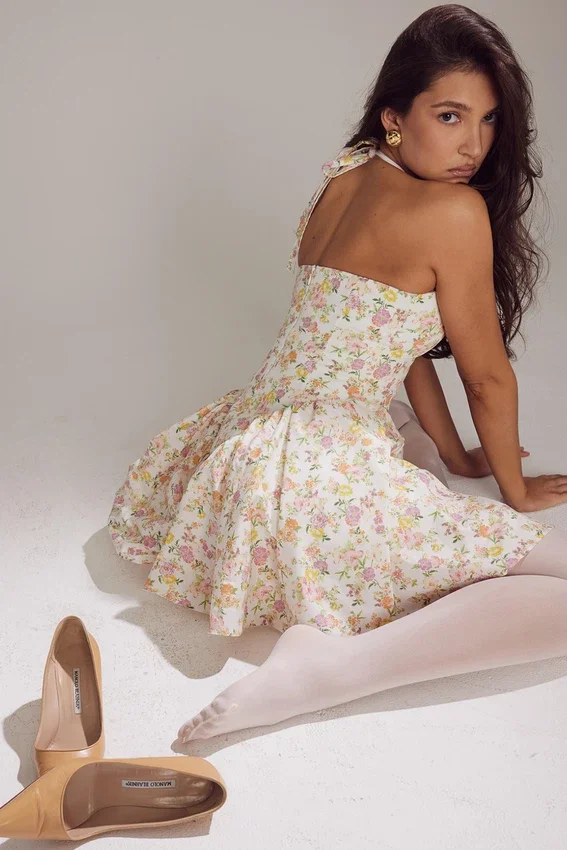 Valentia Ivory Meadow Print Cotton Halter Mini Dress Valentia Ivory Meadow Print Cotton Halter Mini Dress