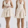 Valentia Ivory Meadow Print Cotton Halter Mini Dress Valentia Ivory Meadow Print Cotton Halter Mini Dress