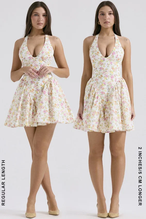 Valentia Ivory Meadow Print Cotton Halter Mini Dress Valentia Ivory Meadow Print Cotton Halter Mini Dress