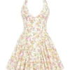 Valentia Ivory Meadow Print Cotton Halter Mini Dress Valentia Ivory Meadow Print Cotton Halter Mini Dress
