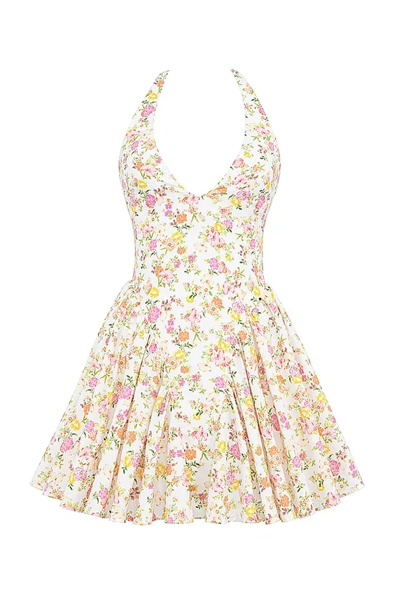 Valentia Ivory Meadow Print Cotton Halter Mini Dress Valentia Ivory Meadow Print Cotton Halter Mini Dress