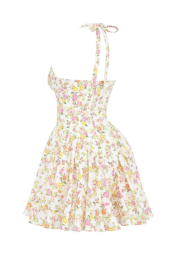 Valentia Ivory Meadow Print Cotton Halter Mini Dress Valentia Ivory Meadow Print Cotton Halter Mini Dress