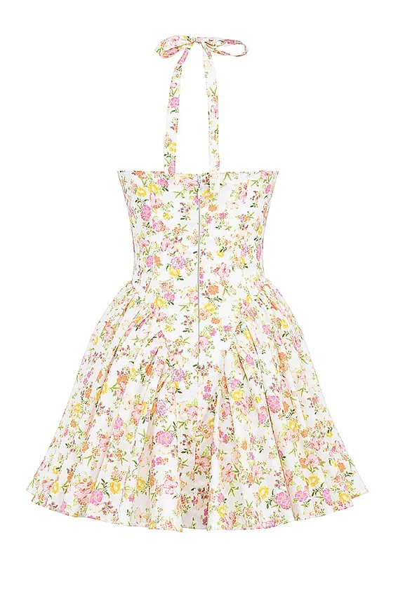 Valentia Ivory Meadow Print Cotton Halter Mini Dress Valentia Ivory Meadow Print Cotton Halter Mini Dress