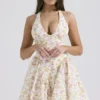 Valentia Ivory Meadow Print Cotton Halter Mini Dress Valentia Ivory Meadow Print Cotton Halter Mini Dress