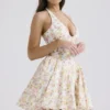 Valentia Ivory Meadow Print Cotton Halter Mini Dress Valentia Ivory Meadow Print Cotton Halter Mini Dress