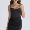 Valentina Black Satin Draped Corset Maxi Dress Valentina Black Satin Draped Corset Maxi Dress