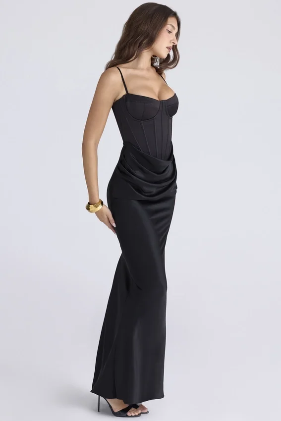 Valentina Black Satin Draped Corset Maxi Dress Valentina Black Satin Draped Corset Maxi Dress