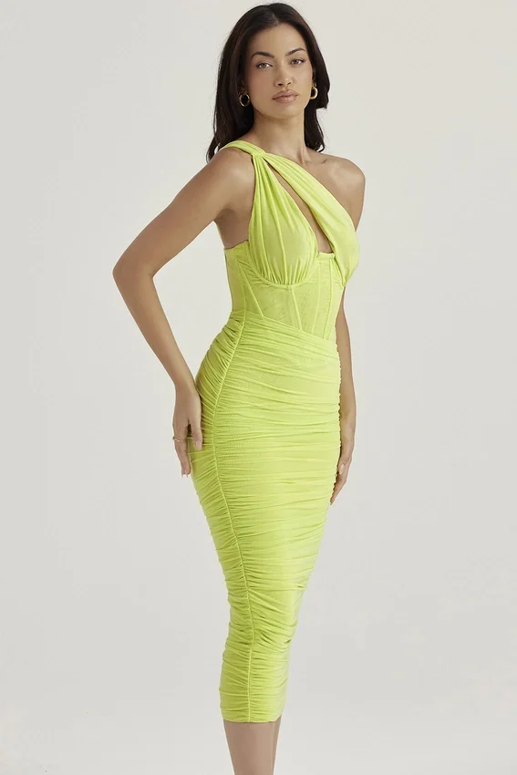 Valentina Lime Asymmetric Cutout Midi Dress Valentina Lime Asymmetric Cutout Midi Dress