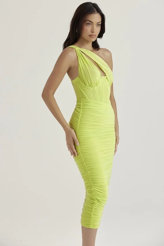Valentina Lime Asymmetric Cutout Midi Dress Valentina Lime Asymmetric Cutout Midi Dress
