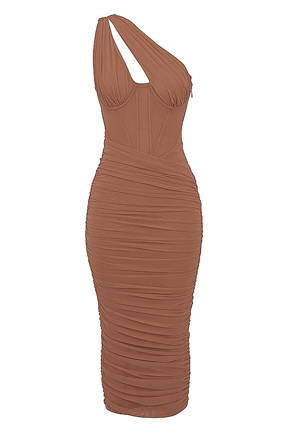 Valentina Mocha Asymmetric Cutout Midi Dress Valentina Mocha Asymmetric Cutout Midi Dress