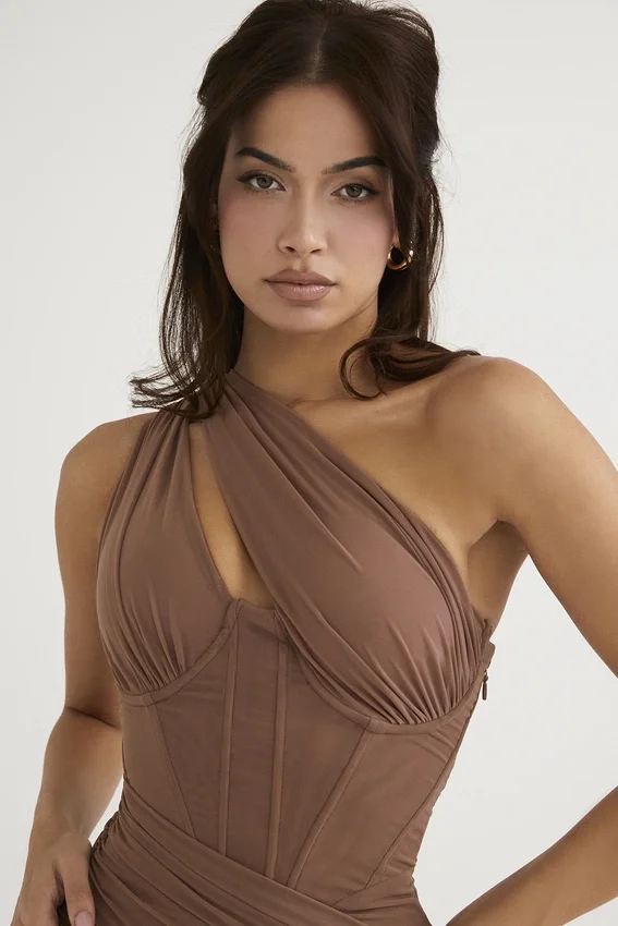 Valentina Mocha Asymmetric Cutout Midi Dress Valentina Mocha Asymmetric Cutout Midi Dress