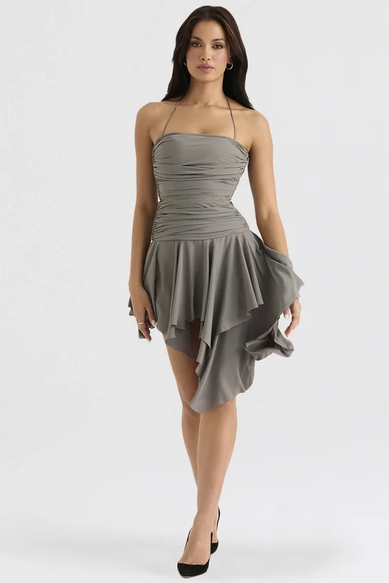 Valeria Smoke Gathered Asymmetric Dress Valeria Smoke Gathered Asymmetric Dress