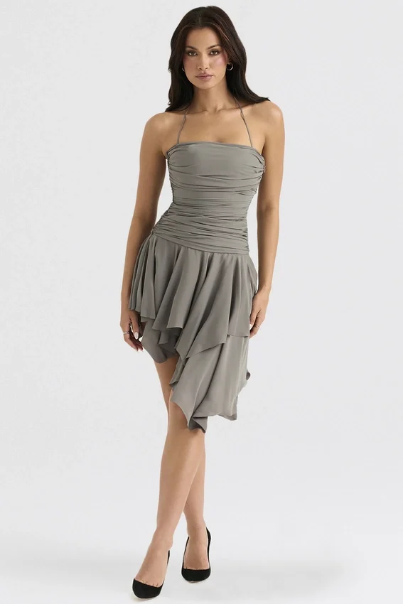 Valeria Smoke Gathered Asymmetric Dress Valeria Smoke Gathered Asymmetric Dress
