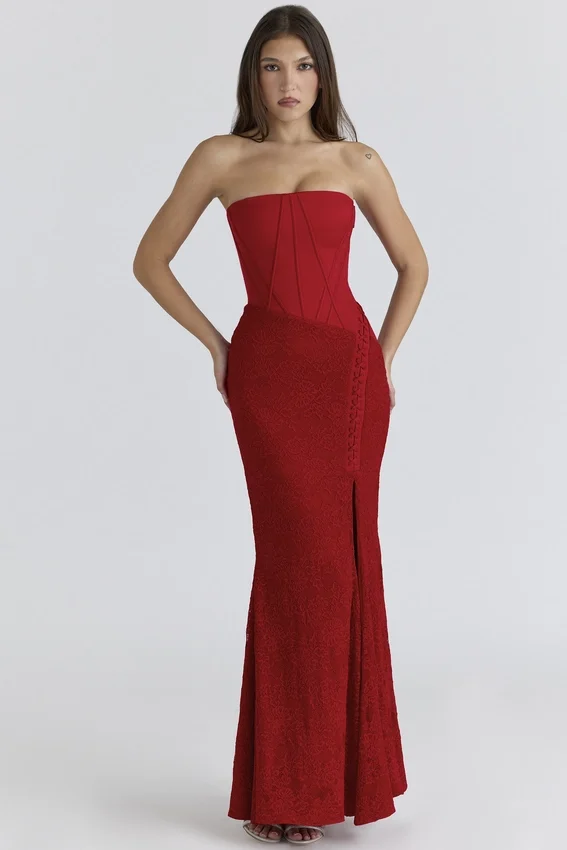 Valerie Red Satin Lace Strapless Maxi Dress Valerie Red Satin Lace Strapless Maxi Dress