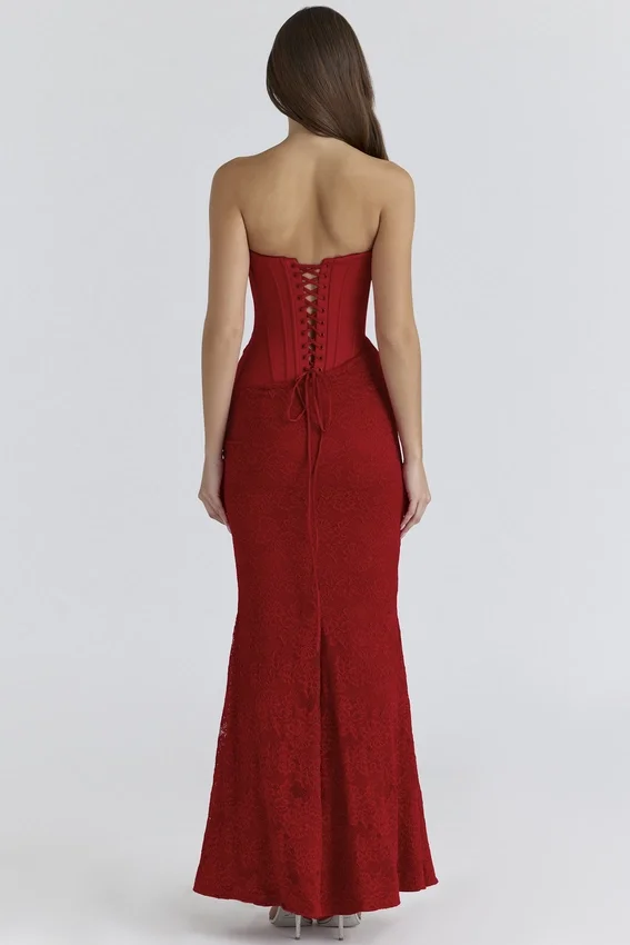 Valerie Red Satin Lace Strapless Maxi Dress Valerie Red Satin Lace Strapless Maxi Dress