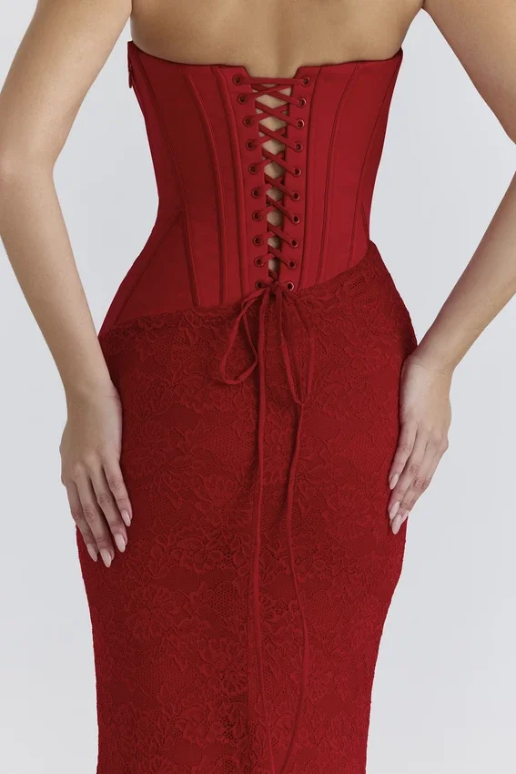 Valerie Red Satin Lace Strapless Maxi Dress Valerie Red Satin Lace Strapless Maxi Dress