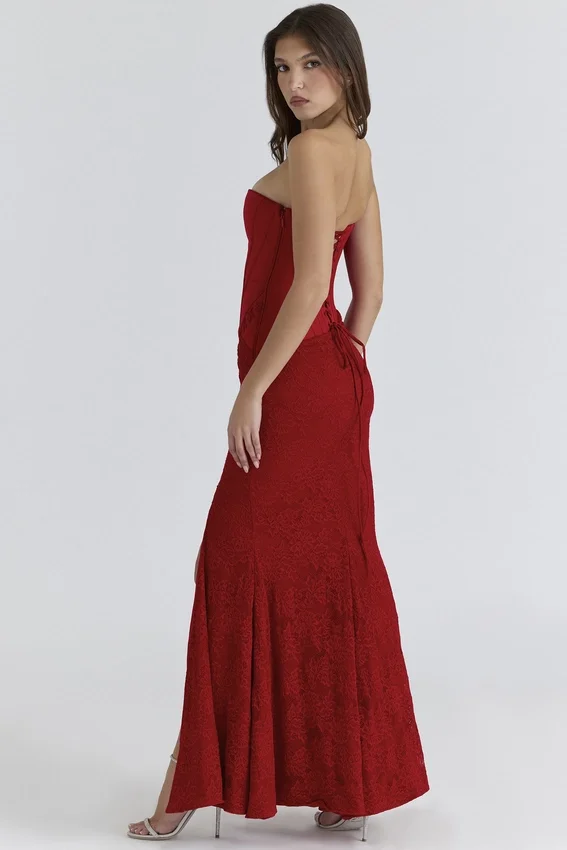 Valerie Red Satin Lace Strapless Maxi Dress Valerie Red Satin Lace Strapless Maxi Dress