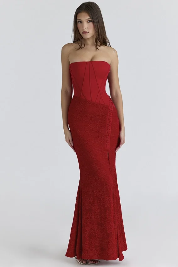 Valerie Red Satin Lace Strapless Maxi Dress Valerie Red Satin Lace Strapless Maxi Dress