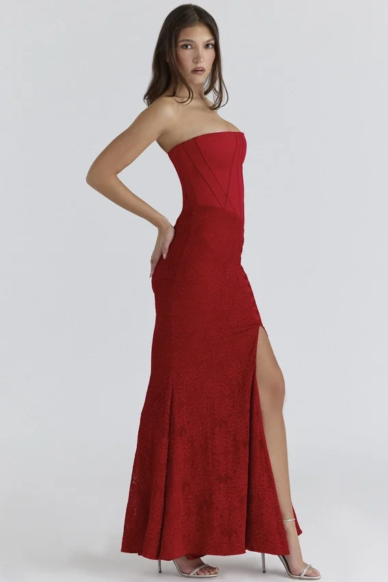 Valerie Red Satin Lace Strapless Maxi Dress Valerie Red Satin Lace Strapless Maxi Dress