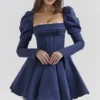 Venetia Midnight Satin Puff Sleeve Mini Dress Venetia Midnight Satin Puff Sleeve Mini Dress