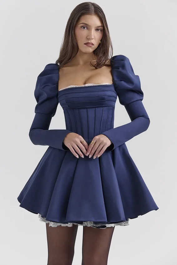Venetia Midnight Satin Puff Sleeve Mini Dress Venetia Midnight Satin Puff Sleeve Mini Dress