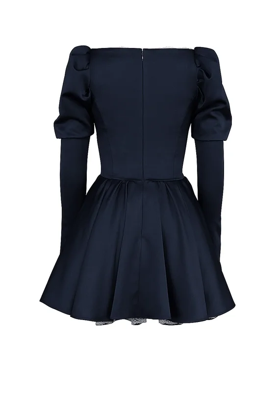 Venetia Midnight Satin Puff Sleeve Mini Dress Venetia Midnight Satin Puff Sleeve Mini Dress