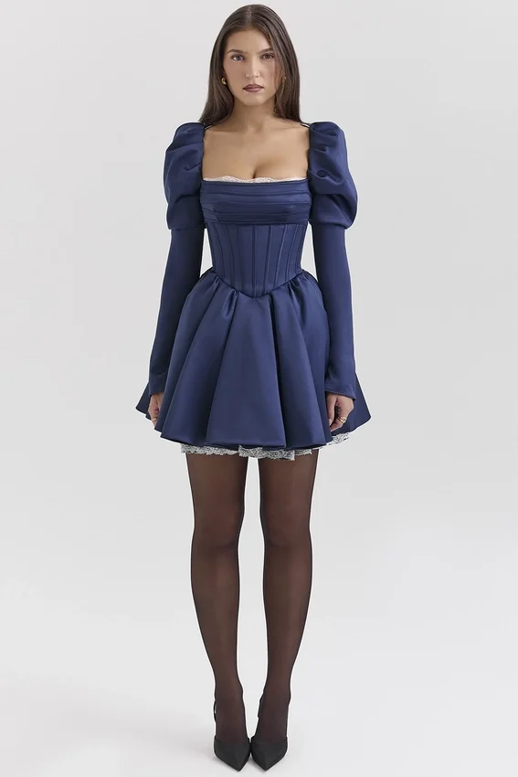 Venetia Midnight Satin Puff Sleeve Mini Dress Venetia Midnight Satin Puff Sleeve Mini Dress