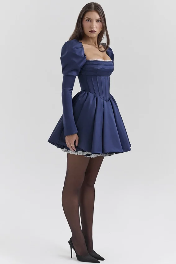 Venetia Midnight Satin Puff Sleeve Mini Dress Venetia Midnight Satin Puff Sleeve Mini Dress
