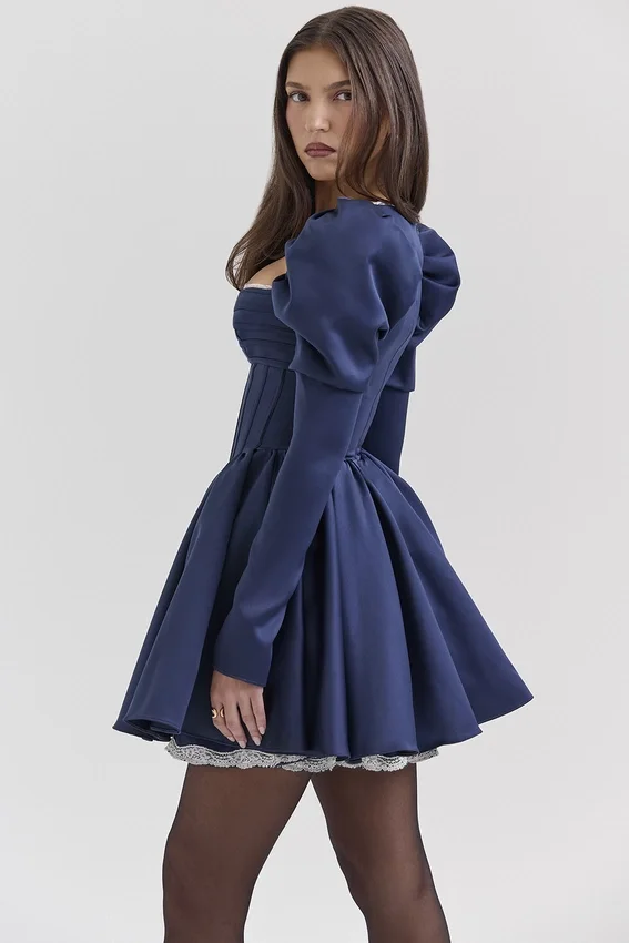 Venetia Midnight Satin Puff Sleeve Mini Dress Venetia Midnight Satin Puff Sleeve Mini Dress