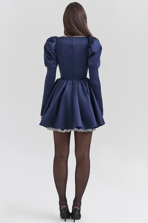 Venetia Midnight Satin Puff Sleeve Mini Dress Venetia Midnight Satin Puff Sleeve Mini Dress
