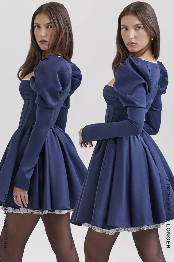 Venetia Midnight Satin Puff Sleeve Mini Dress Venetia Midnight Satin Puff Sleeve Mini Dress