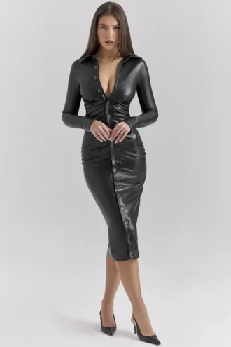 Viola Black Vegan Leather Long Sleeve Midi Dress