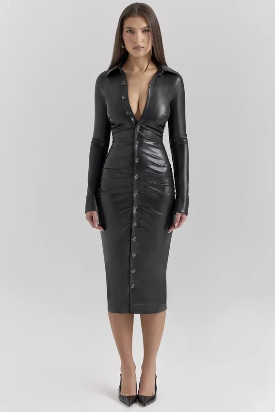 Viola Black Vegan Leather Long Sleeve Midi Dress Viola Black Vegan Leather Long Sleeve Midi Dress