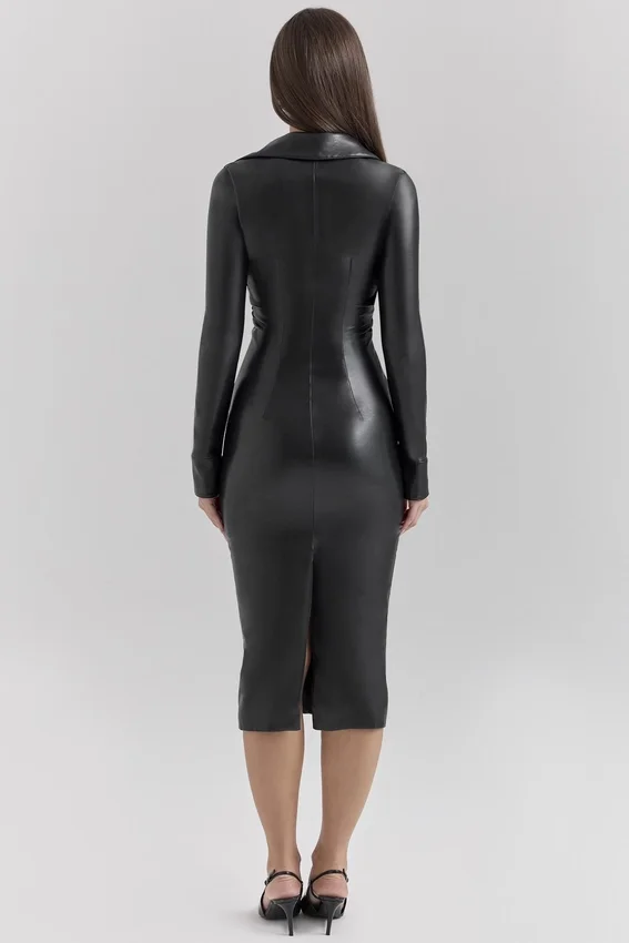 Viola Black Vegan Leather Long Sleeve Midi Dress Viola Black Vegan Leather Long Sleeve Midi Dress