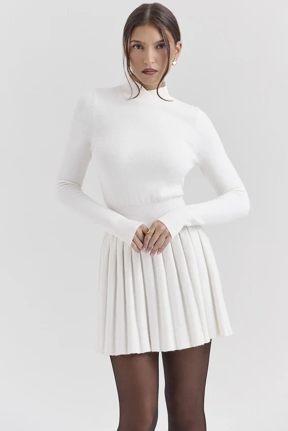 Willow White Cashmere Blend Pleated Skated Mini Dress Willow White Cashmere Blend Pleated Skated Mini Dress