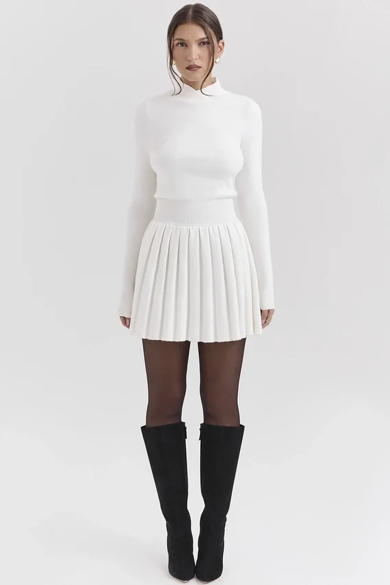 Willow White Cashmere Blend Pleated Skated Mini Dress Willow White Cashmere Blend Pleated Skated Mini Dress