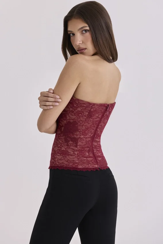 Yara Wine Lace Strapless Corset Top Yara Wine Lace Strapless Corset Top