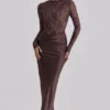 Yasmeen Espresso Brown Lace + Satin Draped Maxi Dress Yasmeen Espresso Brown Lace + Satin Draped Maxi Dress