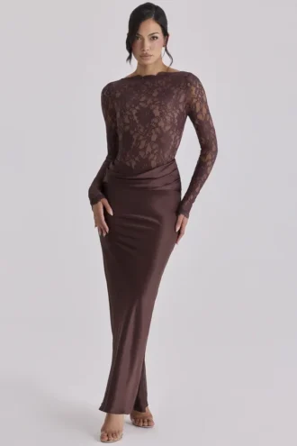 Yasmeen Espresso Brown Lace + Satin Draped Maxi Dress