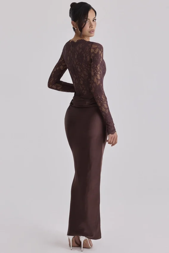 Yasmeen Espresso Brown Lace + Satin Draped Maxi Dress Yasmeen Espresso Brown Lace + Satin Draped Maxi Dress