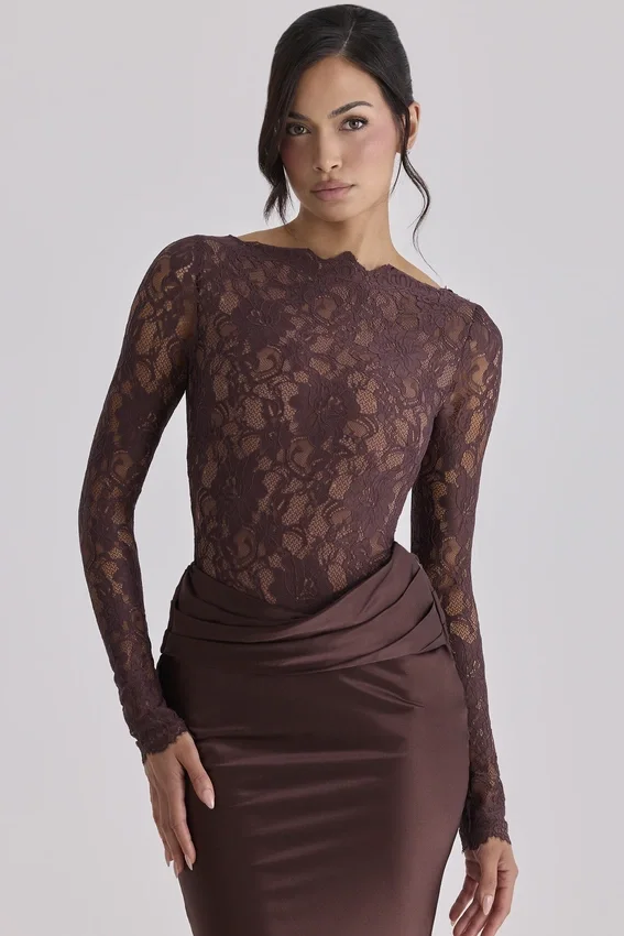 Yasmeen Espresso Brown Lace + Satin Draped Maxi Dress Yasmeen Espresso Brown Lace + Satin Draped Maxi Dress