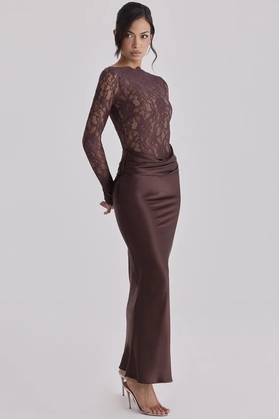 Yasmeen Espresso Brown Lace + Satin Draped Maxi Dress Yasmeen Espresso Brown Lace + Satin Draped Maxi Dress