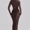 Yasmeen Espresso Brown Lace + Satin Draped Maxi Dress Yasmeen Espresso Brown Lace + Satin Draped Maxi Dress