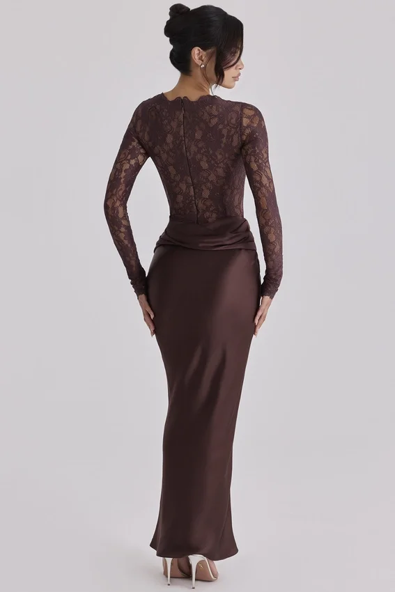 Yasmeen Espresso Brown Lace + Satin Draped Maxi Dress Yasmeen Espresso Brown Lace + Satin Draped Maxi Dress