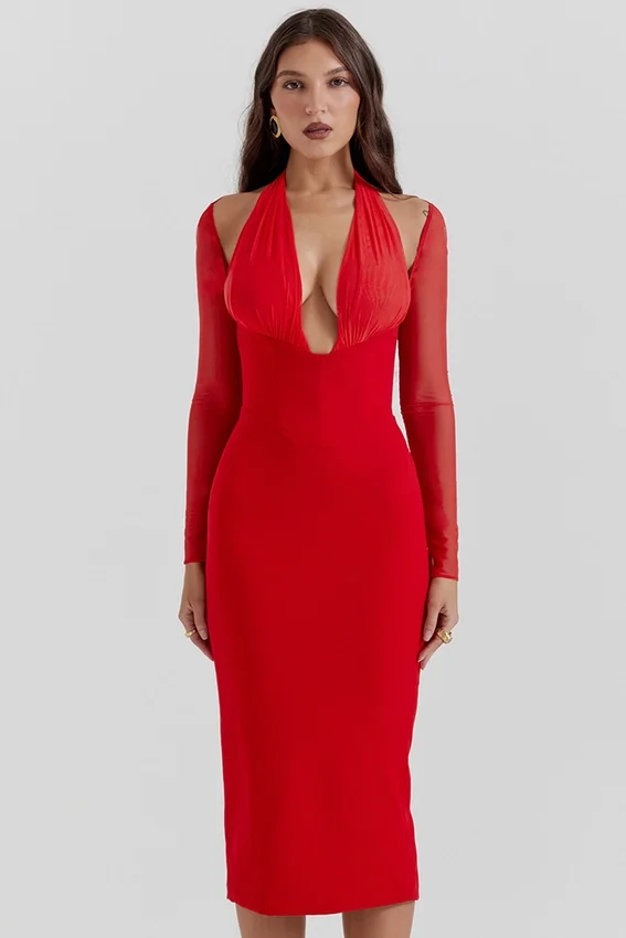Yasmin Scarlet Plunge Midi Dress Yasmin Scarlet Plunge Midi Dress