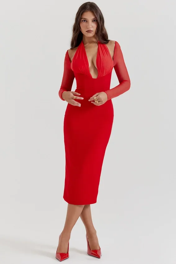 Yasmin Scarlet Plunge Midi Dress Yasmin Scarlet Plunge Midi Dress