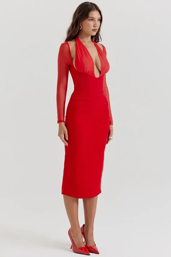 Yasmin Scarlet Plunge Midi Dress Yasmin Scarlet Plunge Midi Dress
